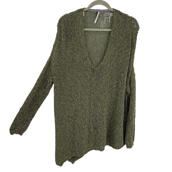 Free People Small West Coast Asymmetrical Sweater Green Cotton Boxy V Neck - Picture 1 of 9